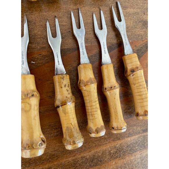 10 Vintage Bamboo Handle Stainless Steel Cocktail Appetizer Forks - Picture 3 of 5
